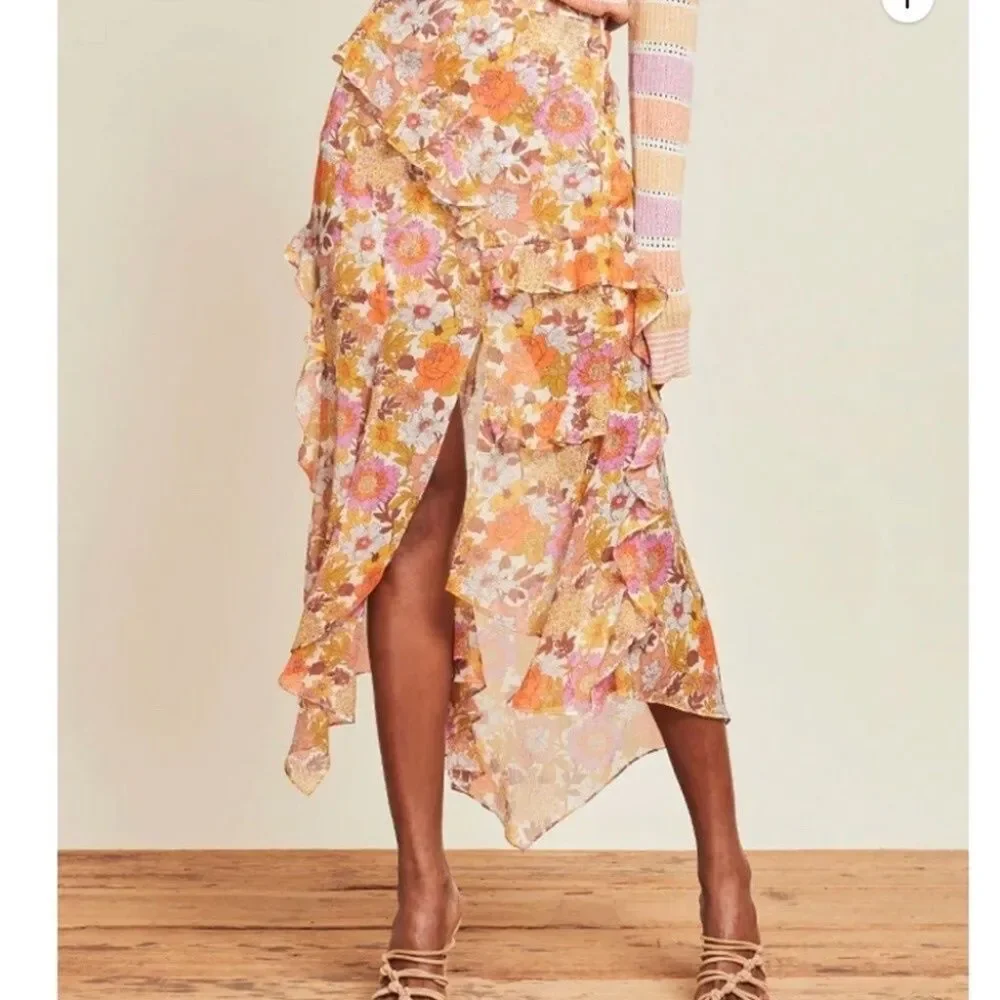 Veronica Beard  Stone Garden Floral Eleonora Midi Skirt Size 4 Pink Orange